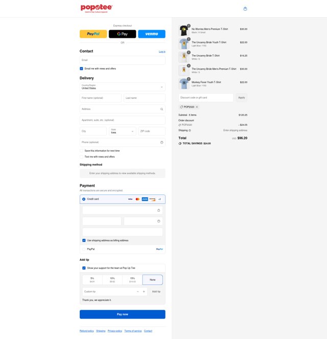Pop Up Tee checkout page showing Pop Up Tee promo code box | Screenshot taken by SimplyCodes community member on Sep 3, 2025