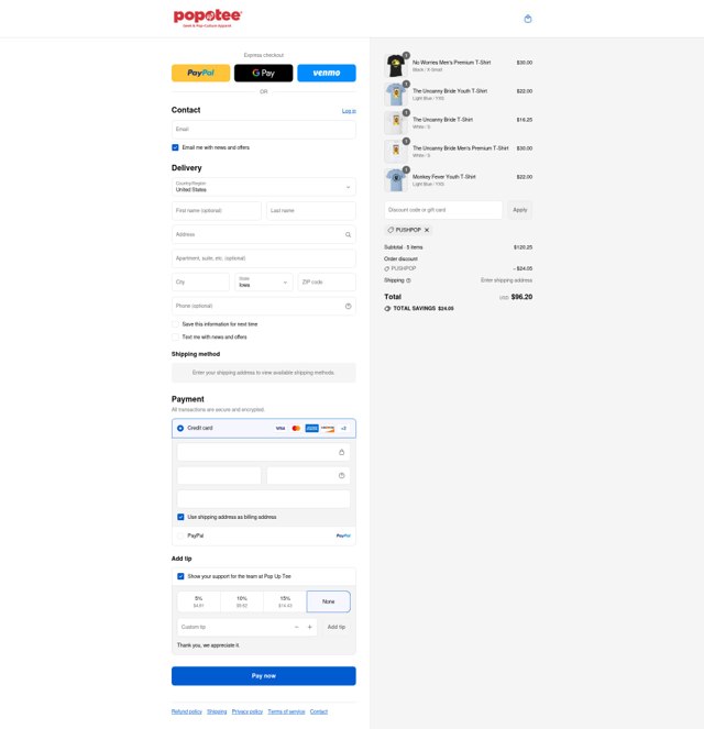 Pop Up Tee checkout page showing Pop Up Tee promo code box | Screenshot taken by SimplyCodes community member on Sep 3, 2025