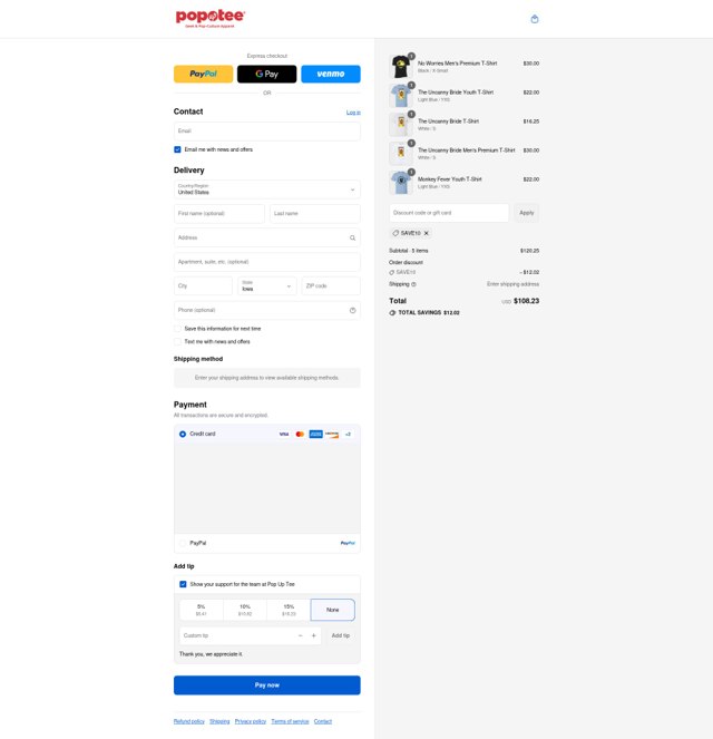 Pop Up Tee checkout page showing Pop Up Tee promo code box | Screenshot taken by SimplyCodes community member on Sep 3, 2025