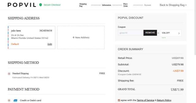 Popvil checkout page showing Popvil coupon code box | Screenshot taken by SimplyCodes community member on Aug 7, 2025