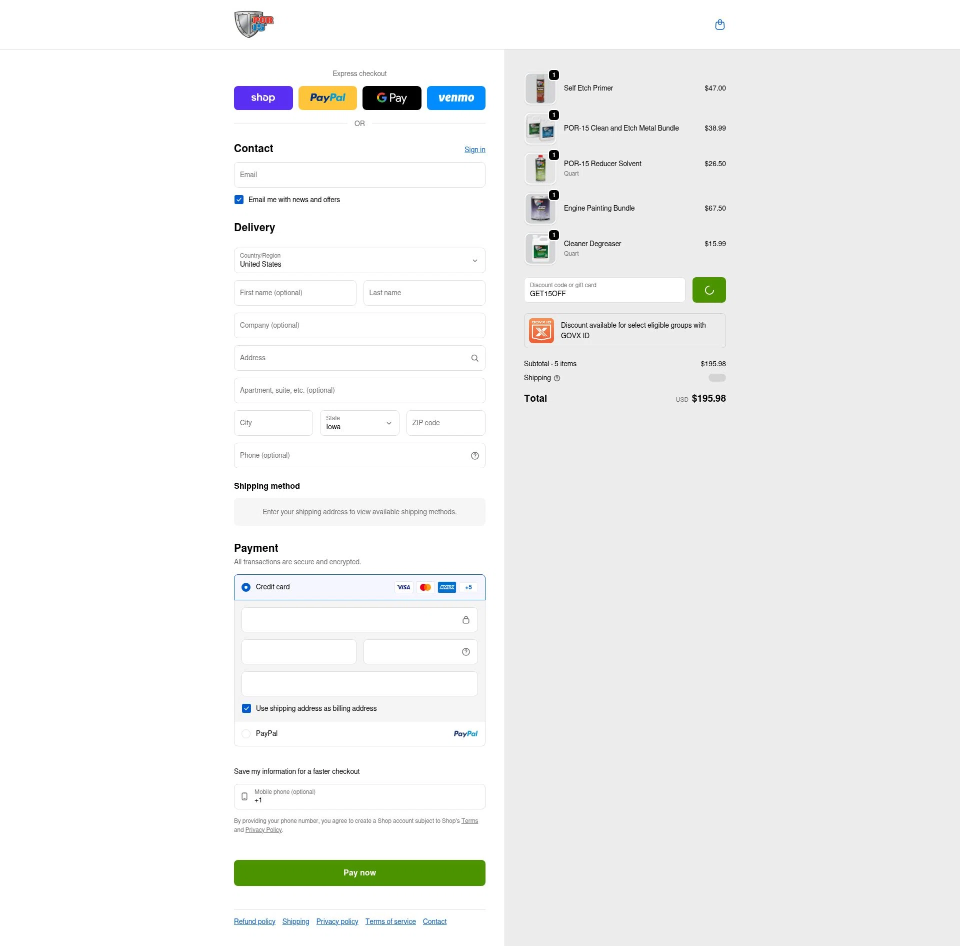 POR-15 checkout page showing POR-15 discount code box | Screenshot taken by SimplyCodes community member on Feb 20, 2026