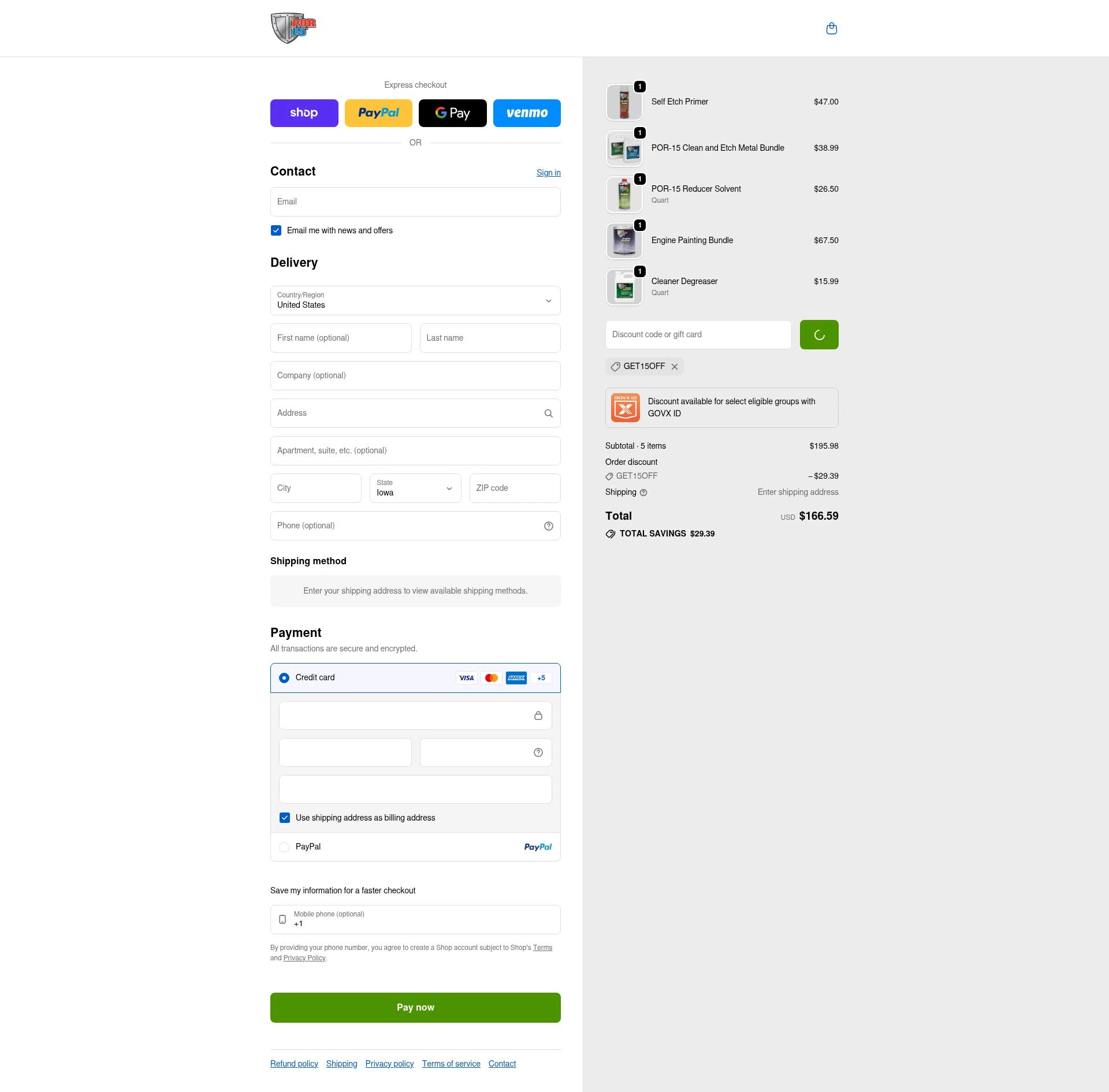 POR-15 checkout page showing POR-15 discount code box | Screenshot taken by SimplyCodes community member on Feb 16, 2026