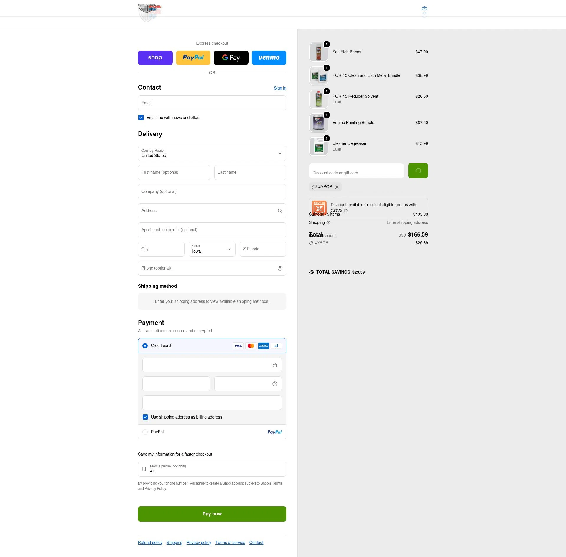 POR-15 checkout page showing POR-15 discount code box | Screenshot taken by SimplyCodes community member on Feb 20, 2026