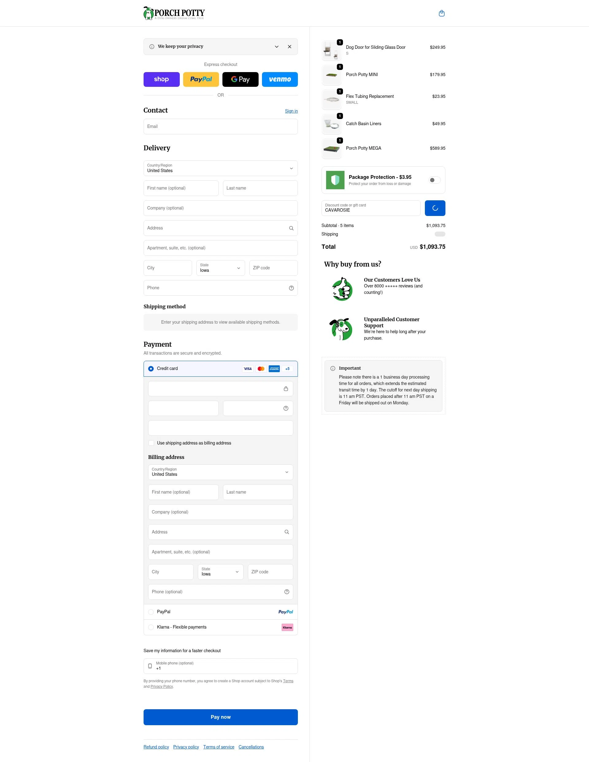 Porch Potty checkout page showing Porch Potty discount code box | Screenshot taken by SimplyCodes community member on Feb 6, 2026
