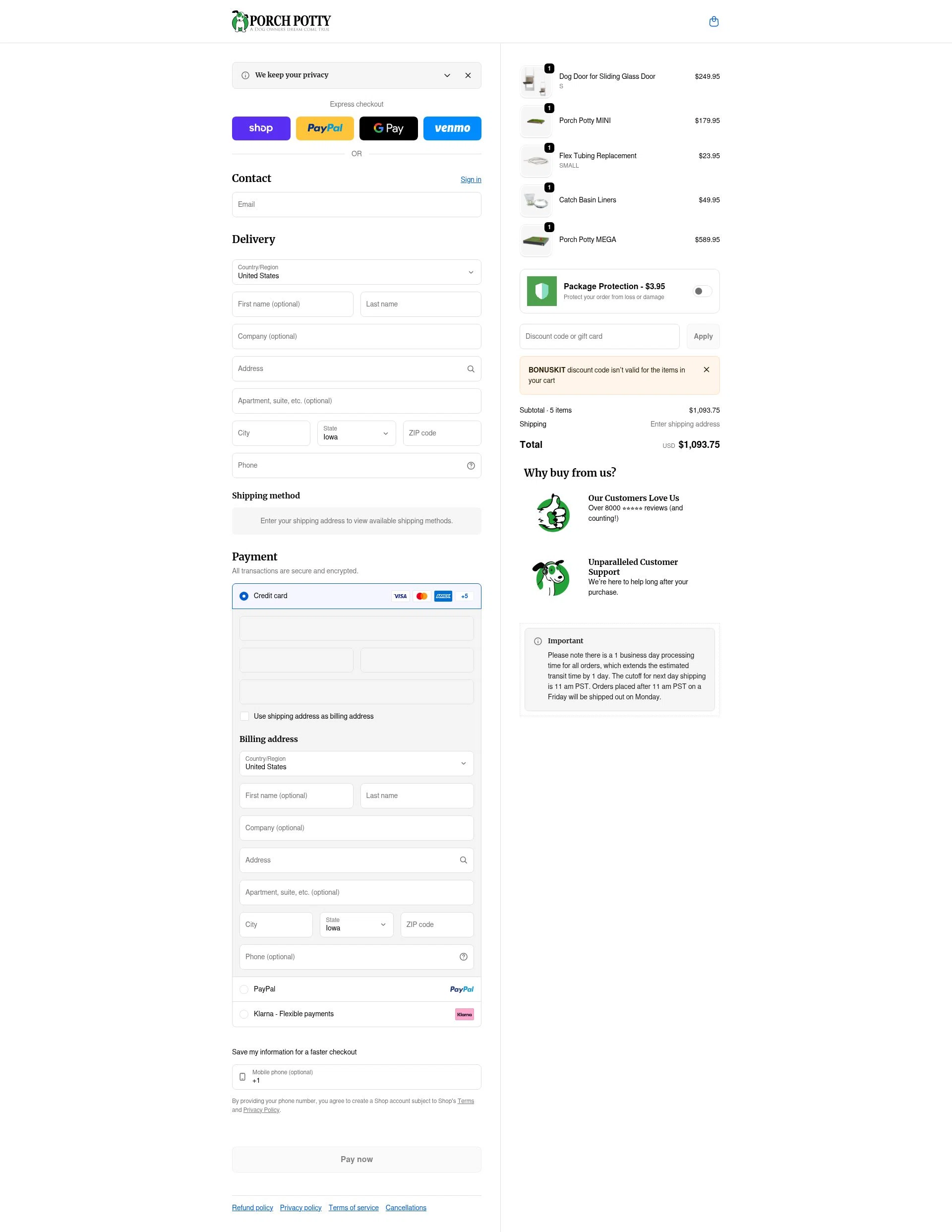 Porch Potty checkout page showing Porch Potty discount code box | Screenshot taken by SimplyCodes community member on Feb 2, 2026