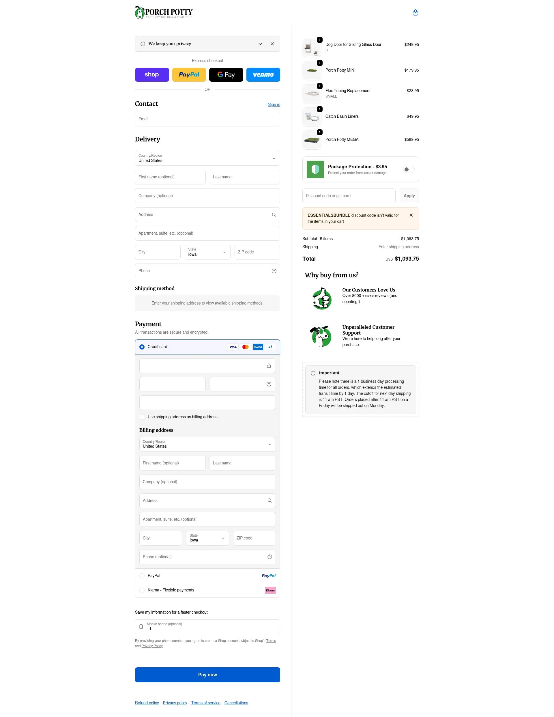 Porch Potty checkout page showing Porch Potty discount code box | Screenshot taken by SimplyCodes community member on Feb 6, 2026