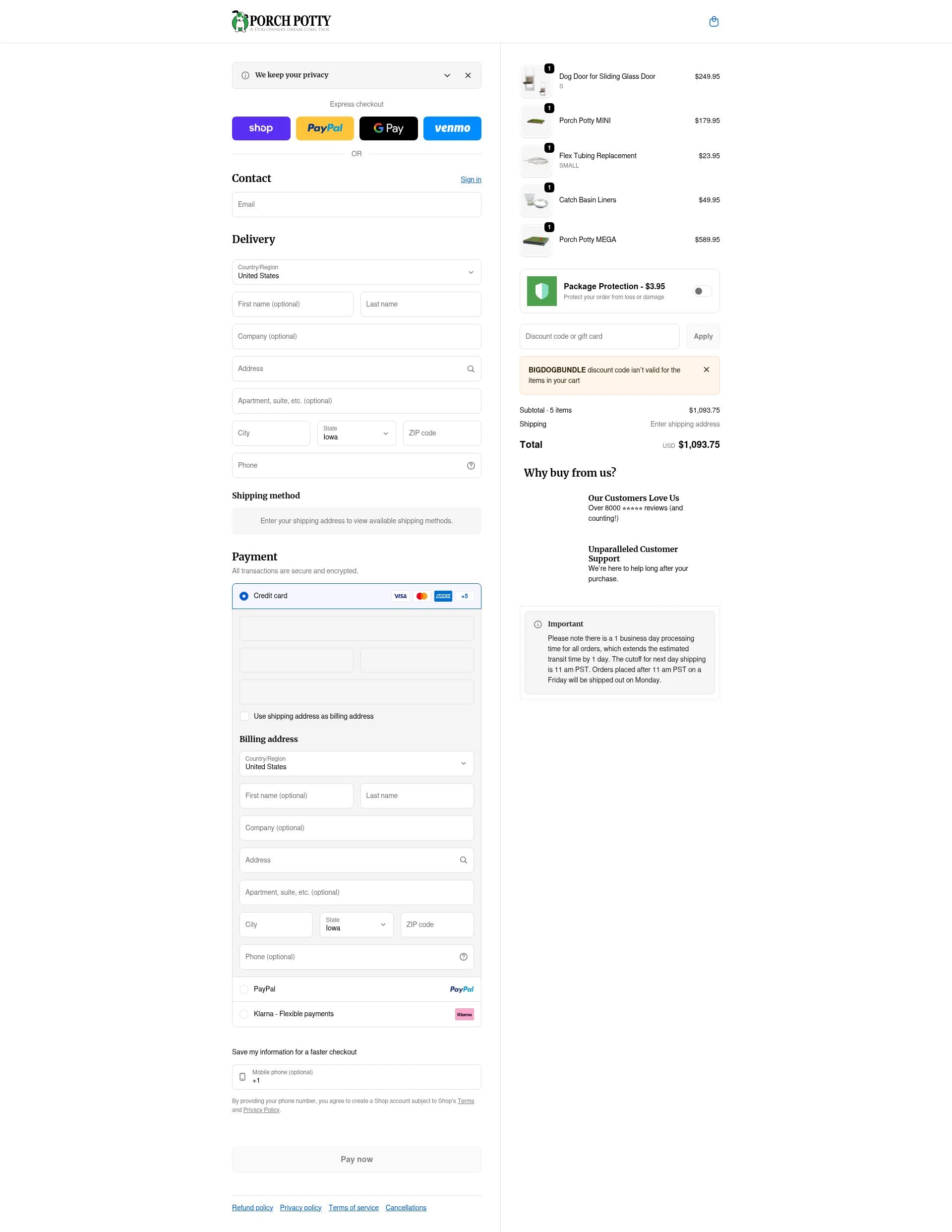 Porch Potty checkout page showing Porch Potty discount code box | Screenshot taken by SimplyCodes community member on Feb 6, 2026