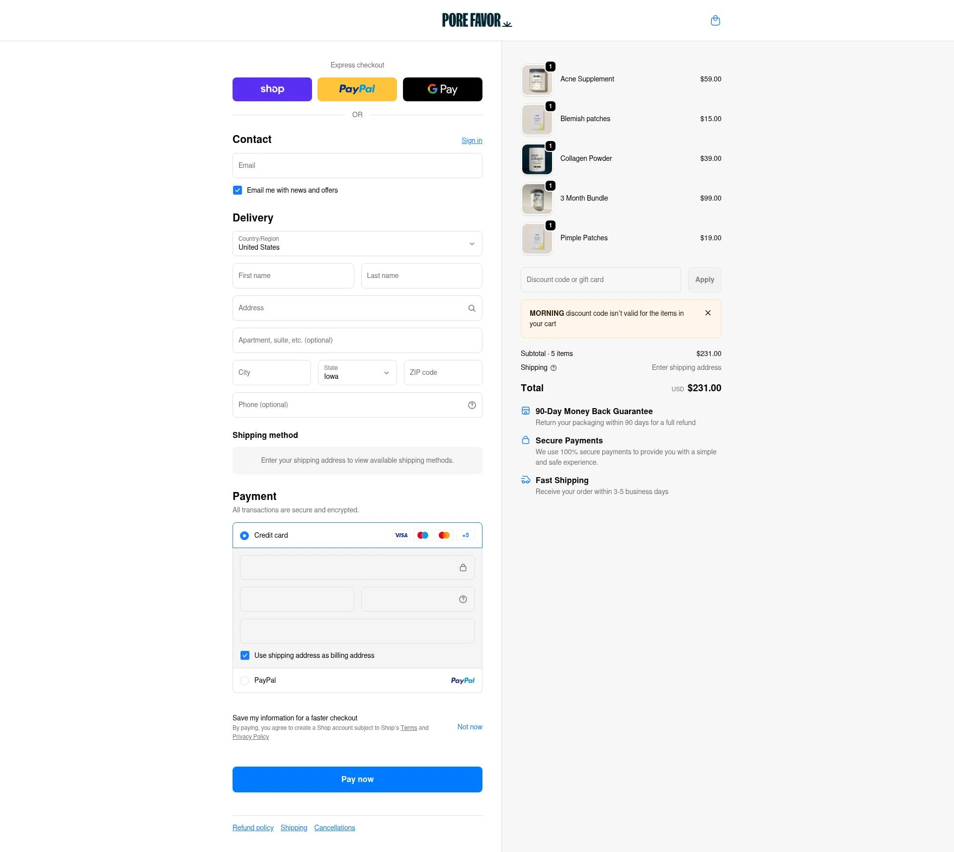 PORE FAVOR checkout page showing PORE FAVOR discount code box | Screenshot taken by SimplyCodes community member on Feb 18, 2026
