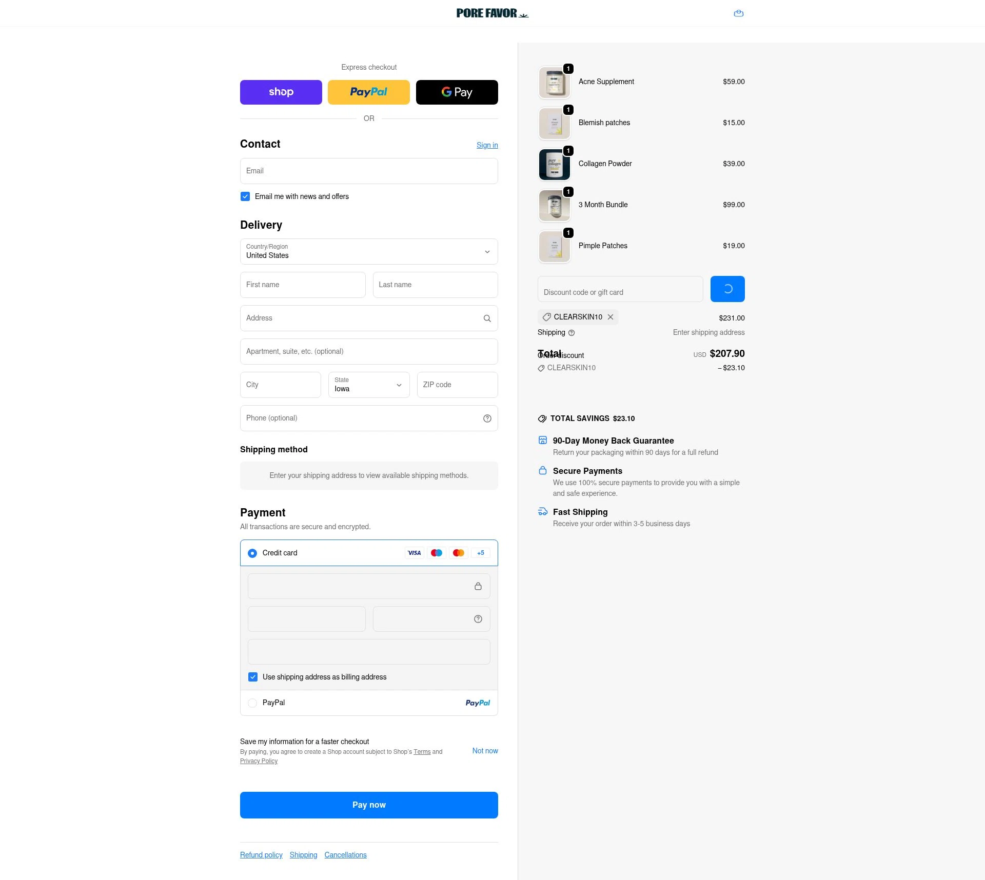 PORE FAVOR checkout page showing PORE FAVOR discount code box | Screenshot taken by SimplyCodes community member on Feb 18, 2026