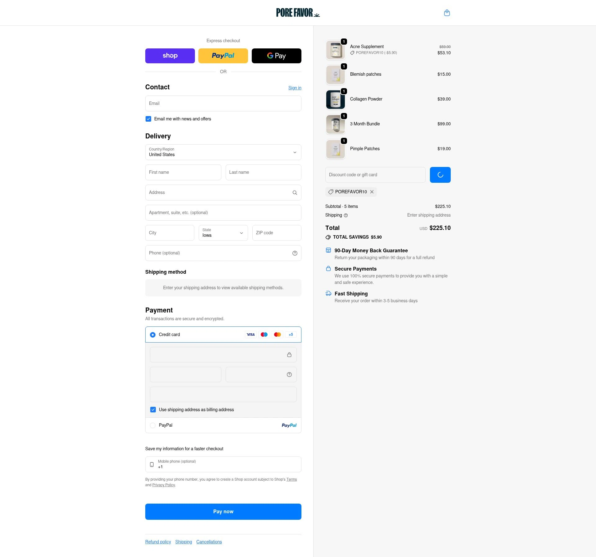 PORE FAVOR checkout page showing PORE FAVOR discount code box | Screenshot taken by SimplyCodes community member on Feb 18, 2026