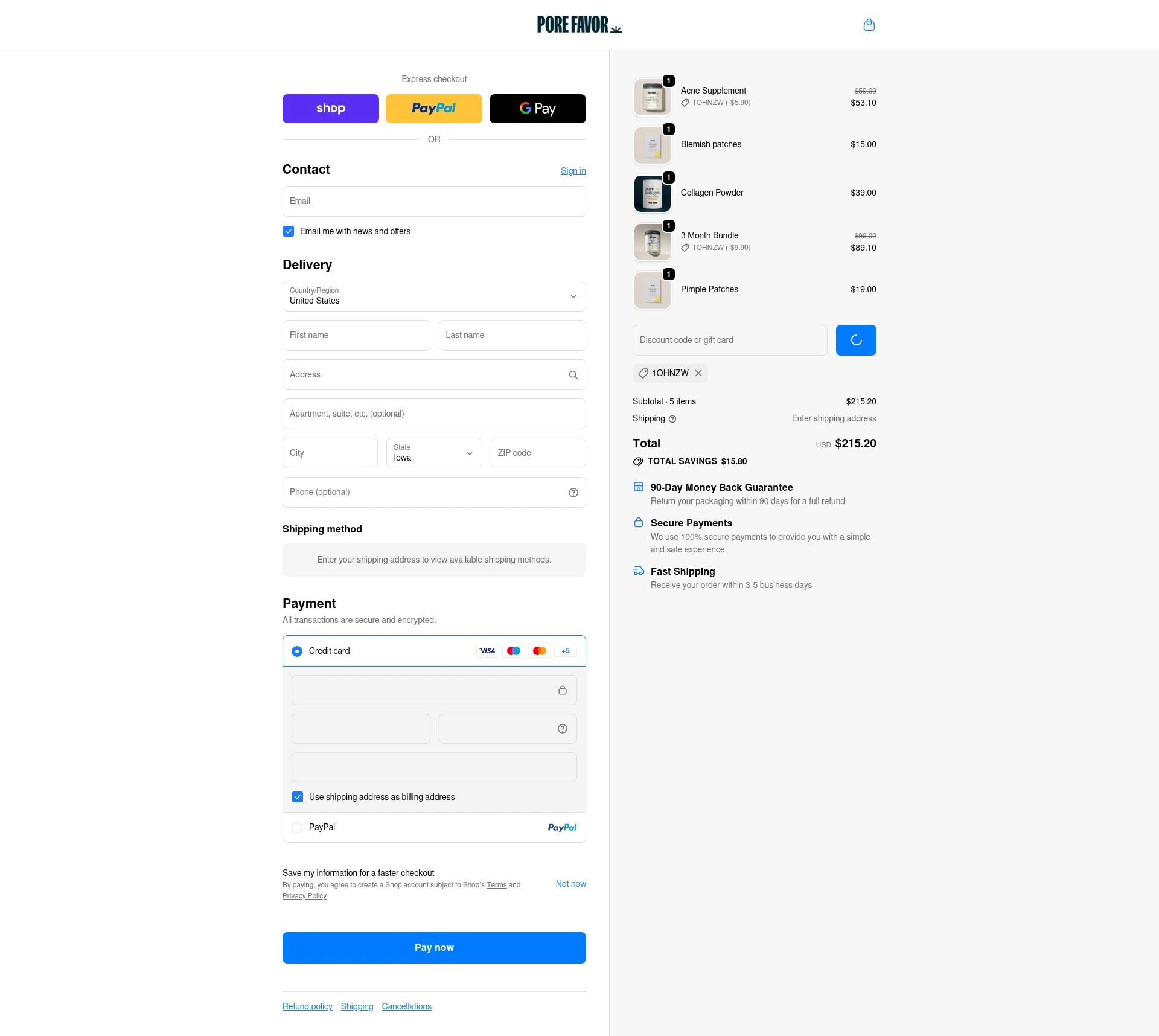 PORE FAVOR checkout page showing PORE FAVOR discount code box | Screenshot taken by SimplyCodes community member on Feb 18, 2026