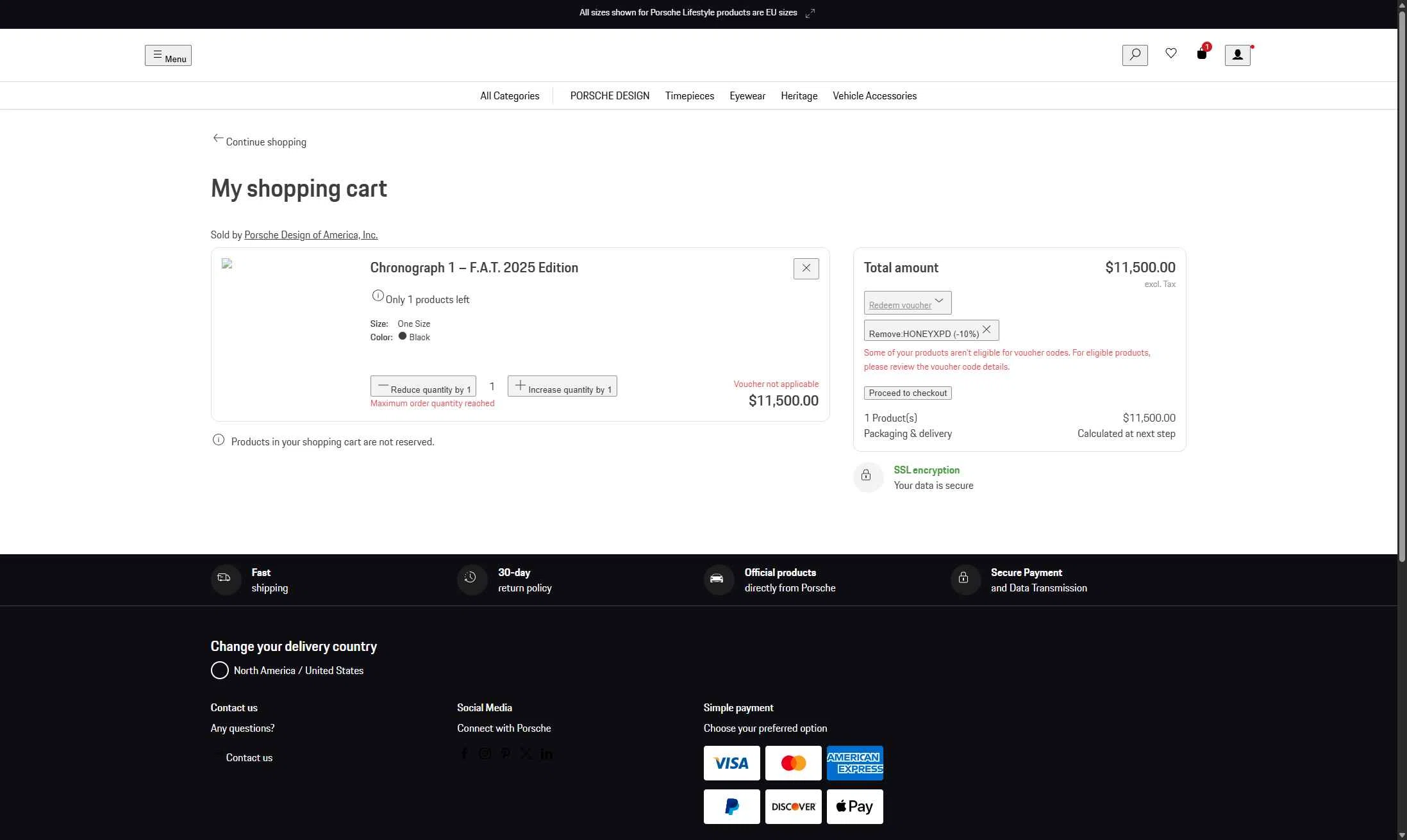 Porsche Design checkout page showing Porsche Design promo code box | Screenshot taken by SimplyCodes community member on Apr 3, 2025