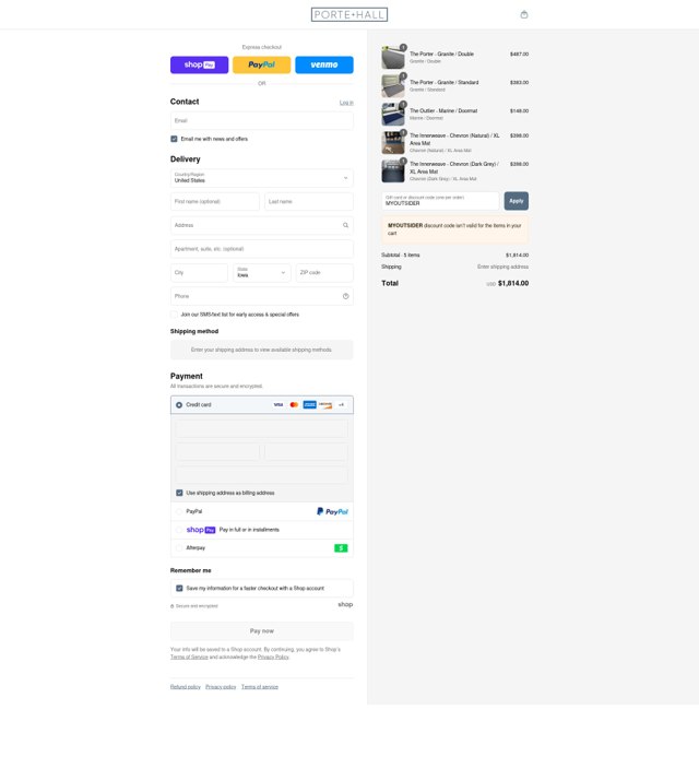 Porte + Hall checkout page showing Porte + Hall discount code box | Screenshot taken by SimplyCodes community member on Jul 27, 2025