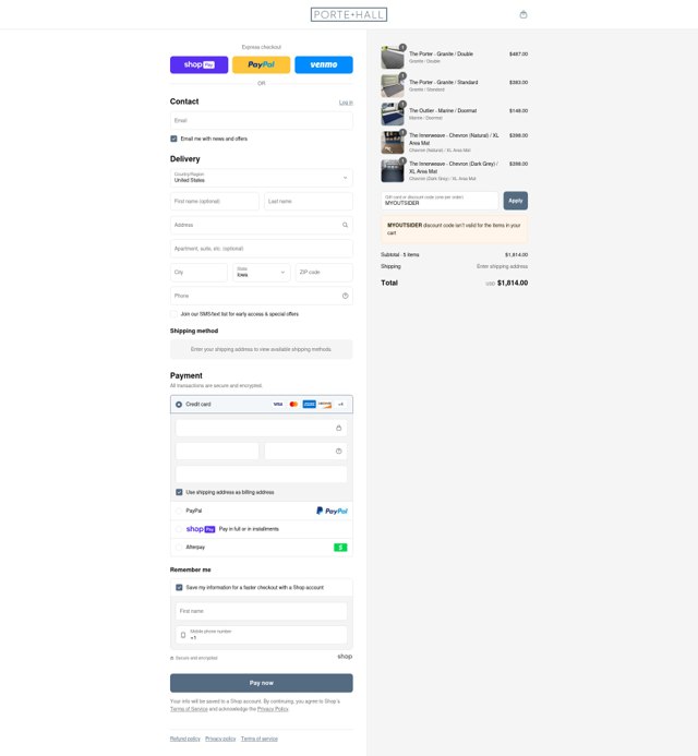 Porte + Hall checkout page showing Porte + Hall discount code box | Screenshot taken by SimplyCodes community member on Jul 22, 2025
