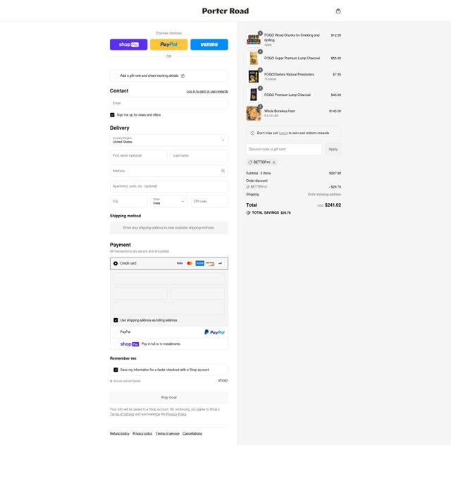 Porter Road checkout page showing Porter Road discount code box | Screenshot taken by SimplyCodes community member on Aug 9, 2025