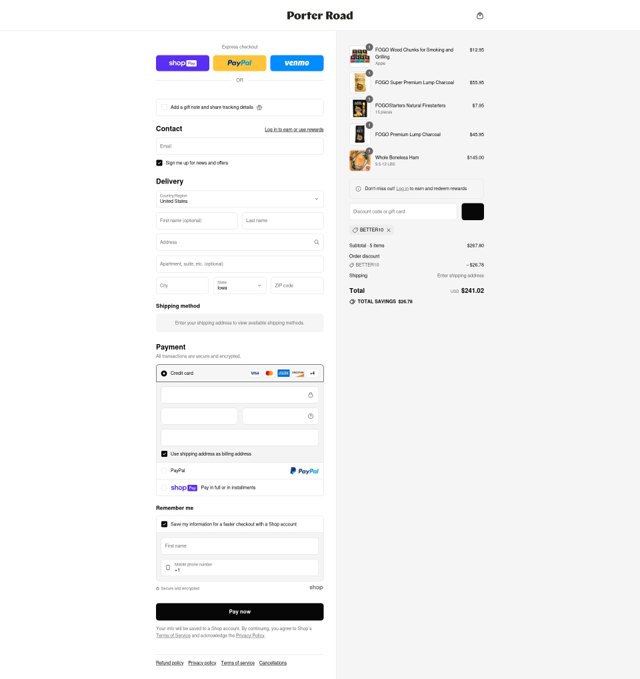 Porter Road checkout page showing Porter Road discount code box | Screenshot taken by SimplyCodes community member on Aug 5, 2025