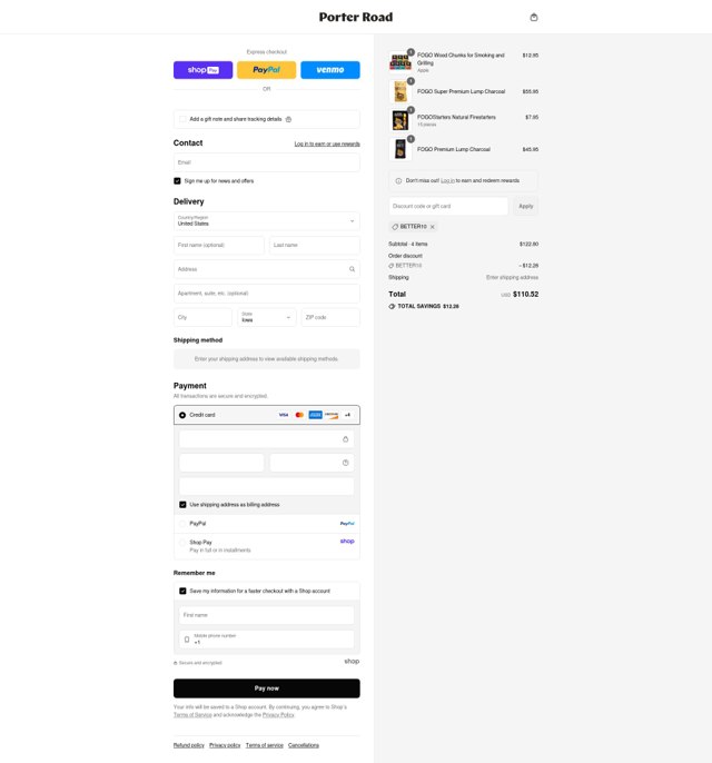 Porter Road checkout page showing Porter Road discount code box | Screenshot taken by SimplyCodes community member on Aug 23, 2025