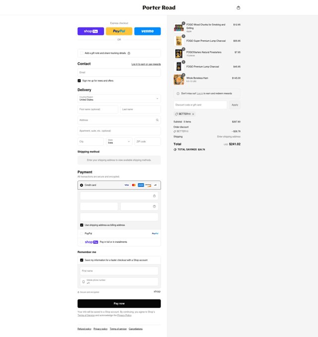 Porter Road checkout page showing Porter Road discount code box | Screenshot taken by SimplyCodes community member on Aug 13, 2025