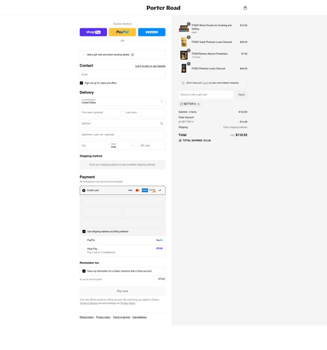Porter Road checkout page showing Porter Road discount code box | Screenshot taken by SimplyCodes community member on Aug 17, 2025