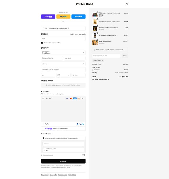 Porter Road checkout page showing Porter Road discount code box | Screenshot taken by SimplyCodes community member on Aug 1, 2025