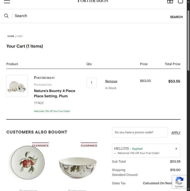 Portmeirion checkout page showing Portmeirion promo code box | Screenshot taken by SimplyCodes community member on Jul 22, 2025