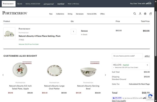 Portmeirion checkout page showing Portmeirion promo code box | Screenshot taken by SimplyCodes community member on Aug 11, 2025