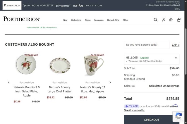 Portmeirion checkout page showing Portmeirion promo code box | Screenshot taken by SimplyCodes community member on Aug 18, 2025