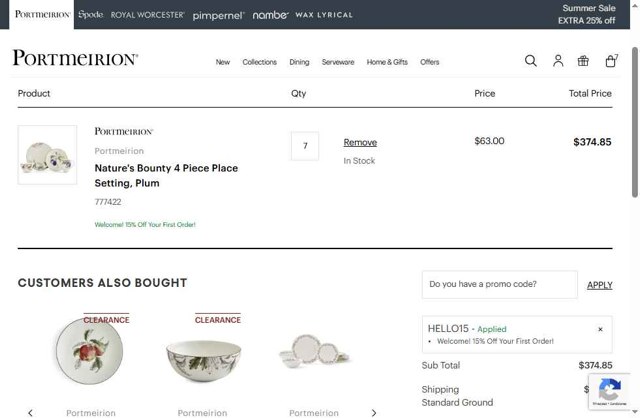 Portmeirion checkout page showing Portmeirion promo code box | Screenshot taken by SimplyCodes community member on Jul 31, 2025