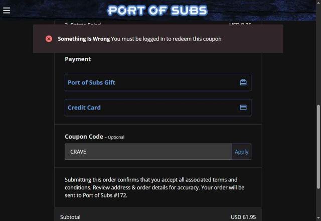 Port of Subs checkout page showing Port of Subs promo code box | Screenshot taken by SimplyCodes community member on May 19, 2025