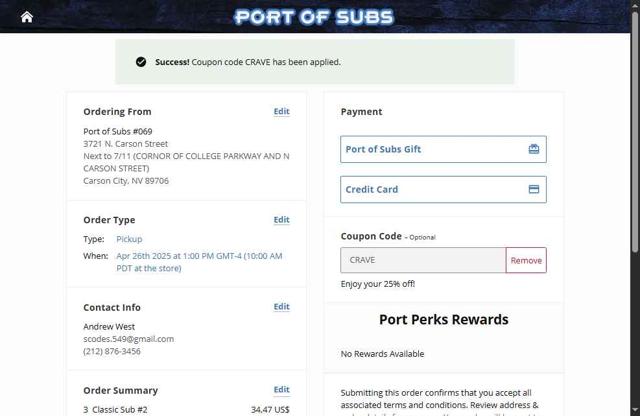 Port of Subs checkout page showing Port of Subs promo code box | Screenshot taken by SimplyCodes community member on Apr 16, 2025