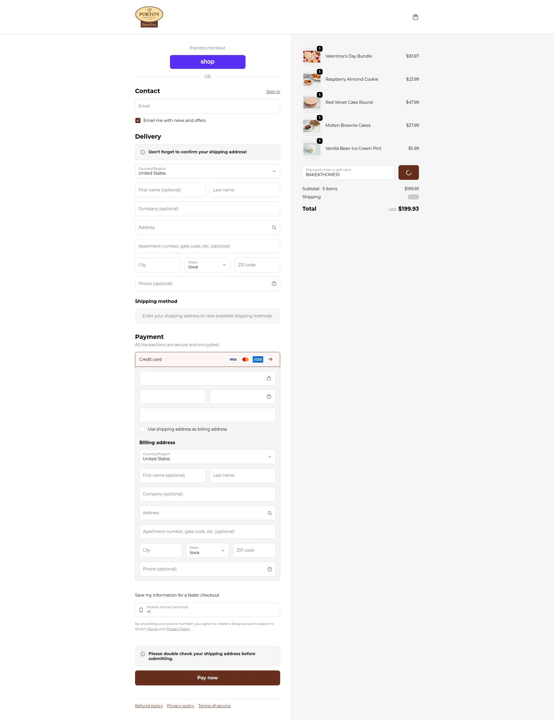 Porto's Bake at Home checkout page showing Porto's Bake at Home promo code box | Screenshot taken by SimplyCodes community member on Feb 5, 2026