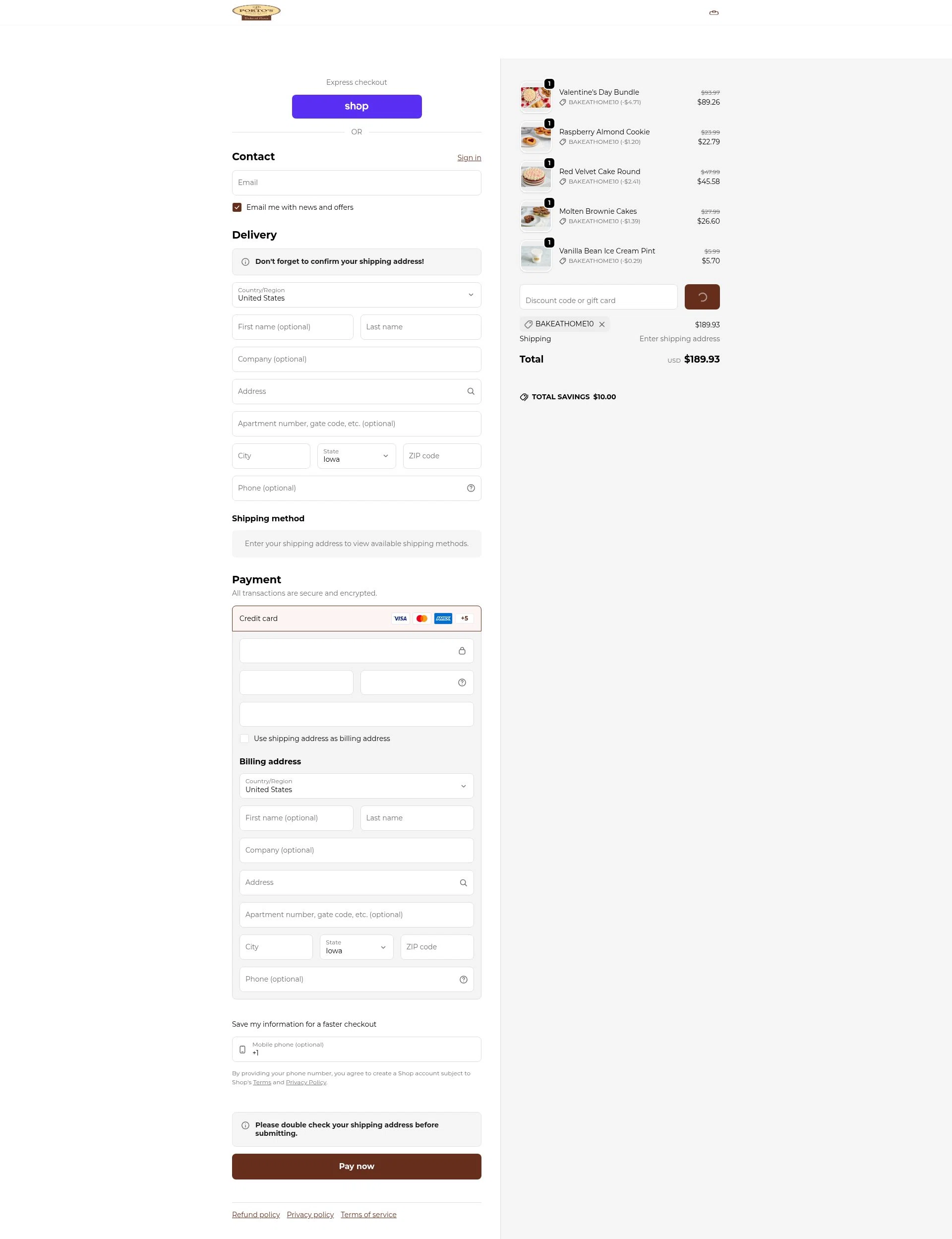 Porto's Bake at Home checkout page showing Porto's Bake at Home promo code box | Screenshot taken by SimplyCodes community member on Feb 1, 2026
