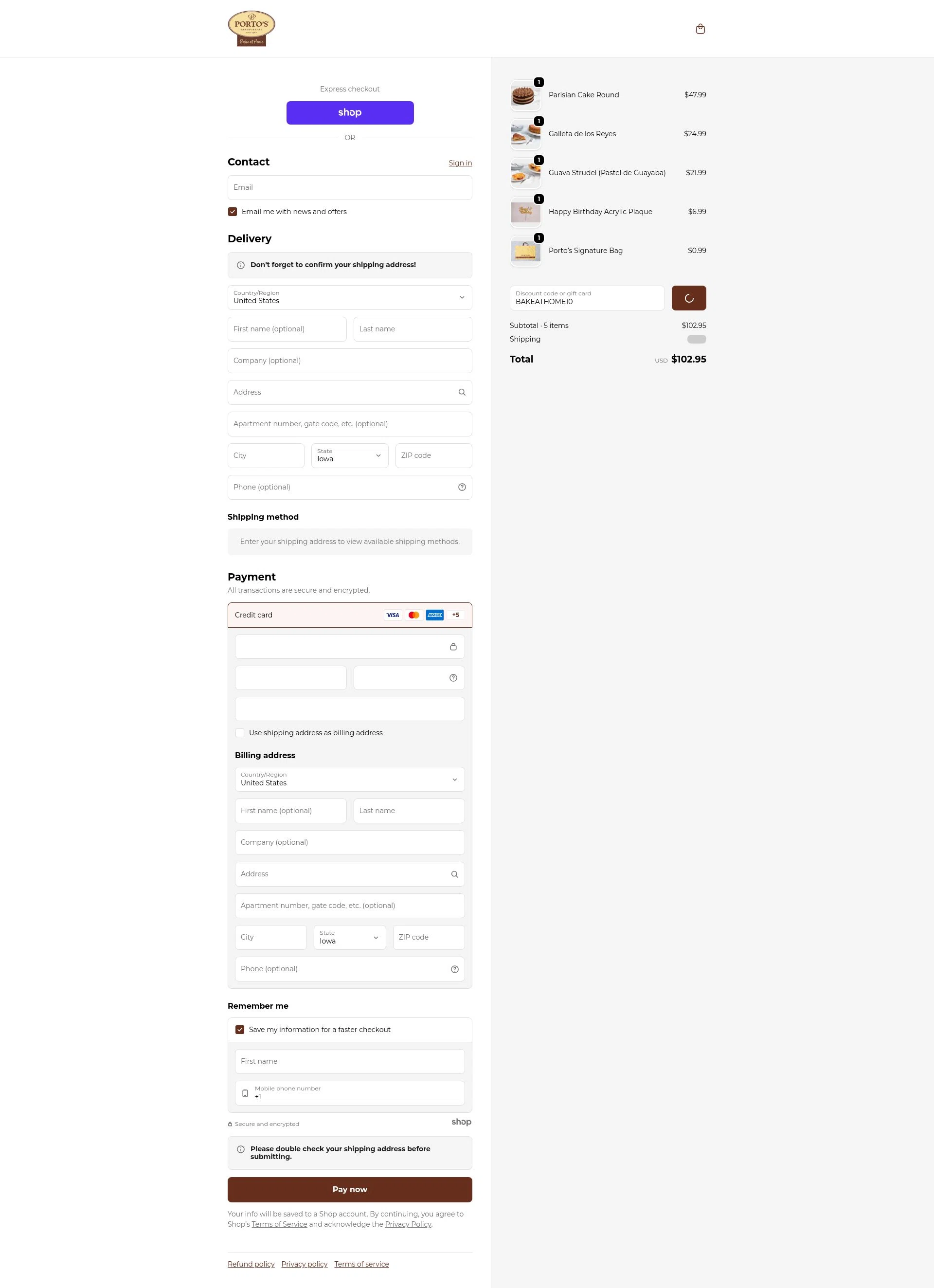 Porto's Bake at Home checkout page showing Porto's Bake at Home promo code box | Screenshot taken by SimplyCodes community member on Jan 8, 2026