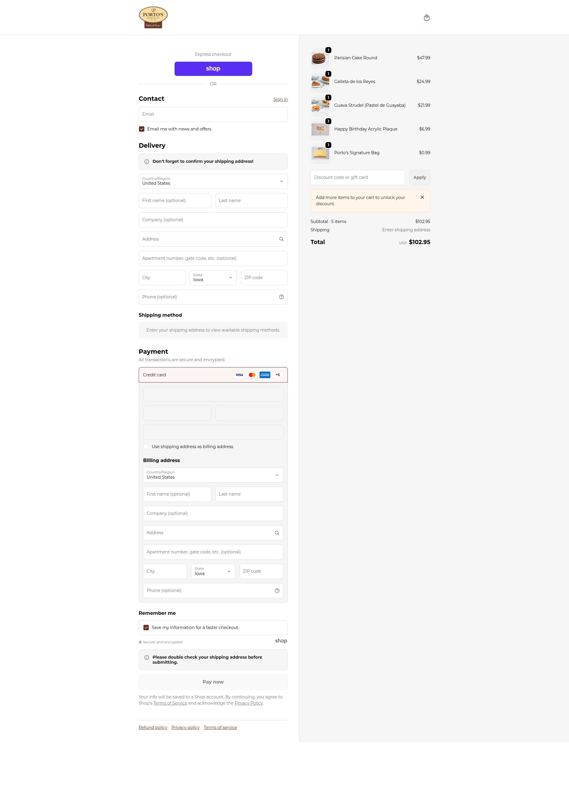 Porto's Bake at Home checkout page showing Porto's Bake at Home promo code box | Screenshot taken by SimplyCodes community member on Jan 8, 2026