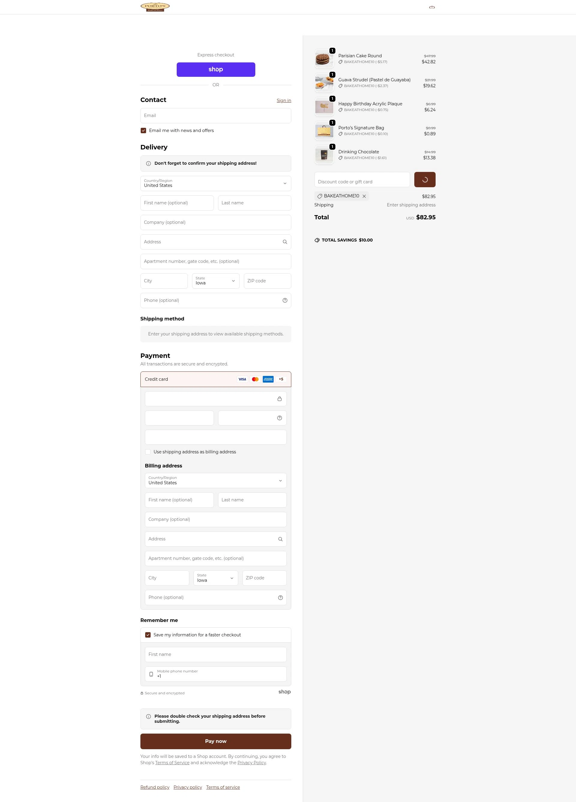 Porto's Bake at Home checkout page showing Porto's Bake at Home promo code box | Screenshot taken by SimplyCodes community member on Jan 28, 2026