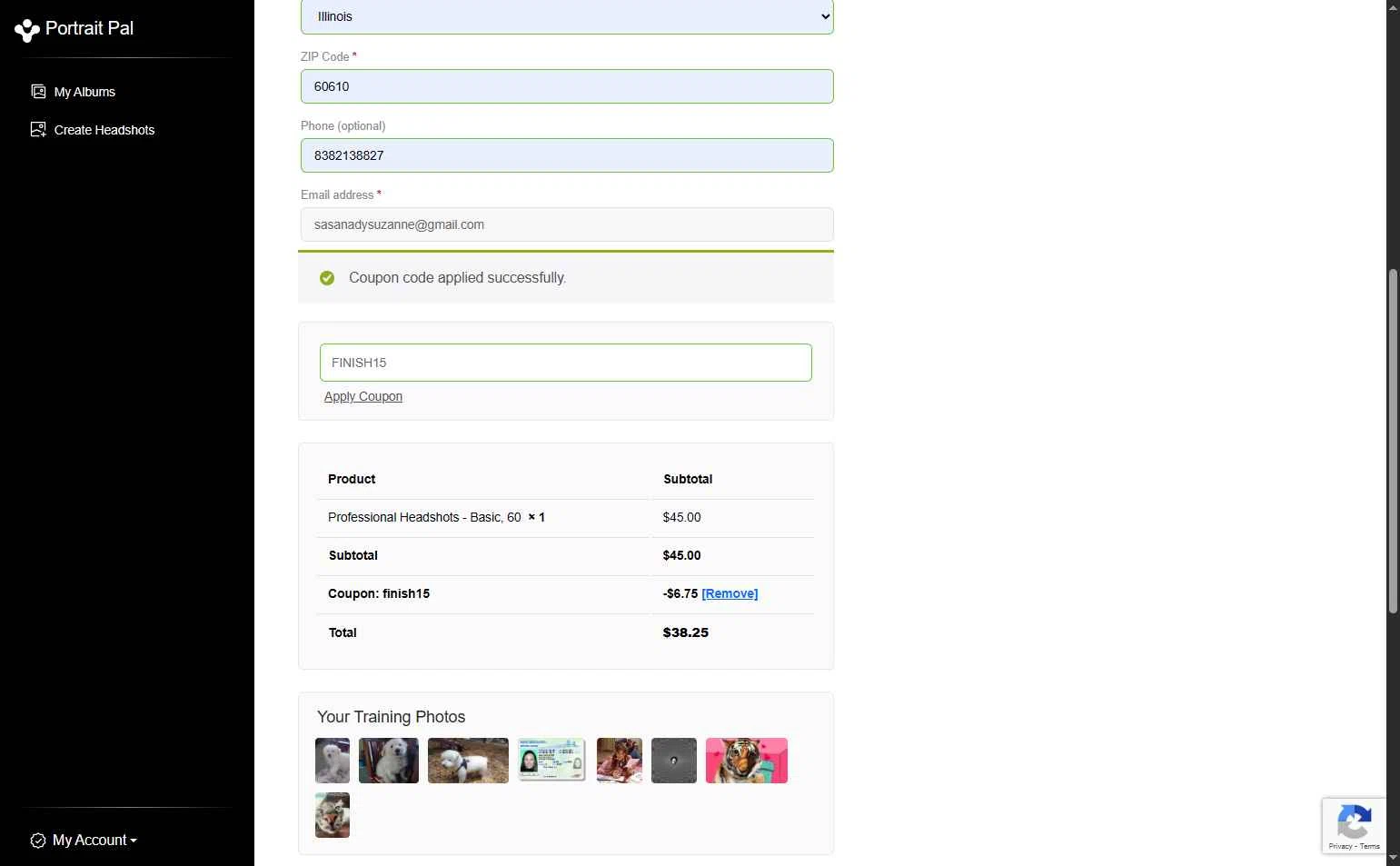 Portrait Pal checkout page showing Portrait Pal coupon code box | Screenshot taken by SimplyCodes community member on Nov 22, 2025