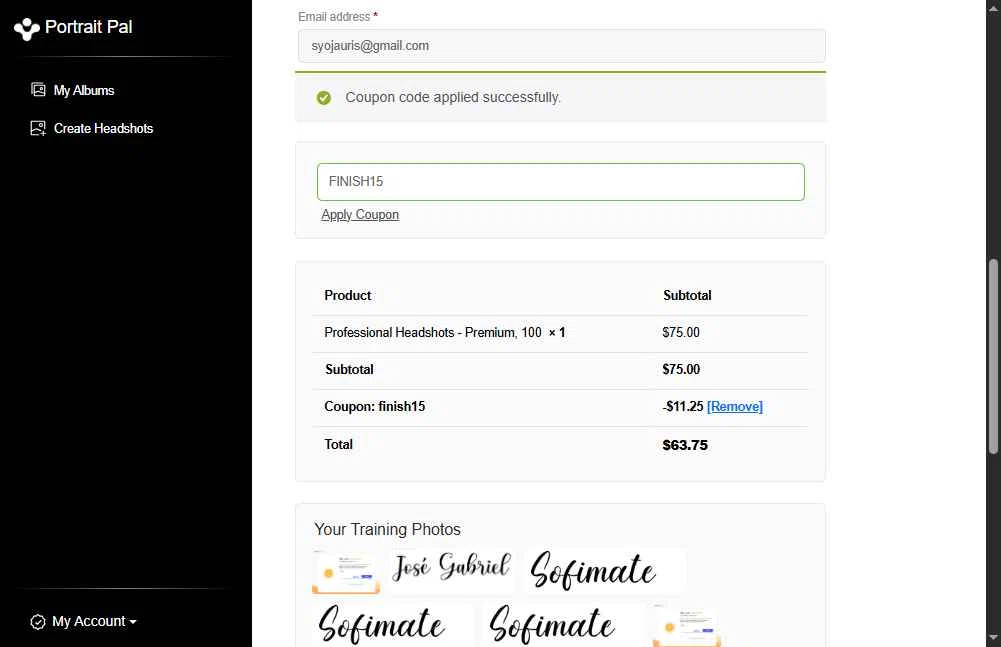 Portrait Pal checkout page showing Portrait Pal coupon code box | Screenshot taken by SimplyCodes community member on Dec 21, 2025