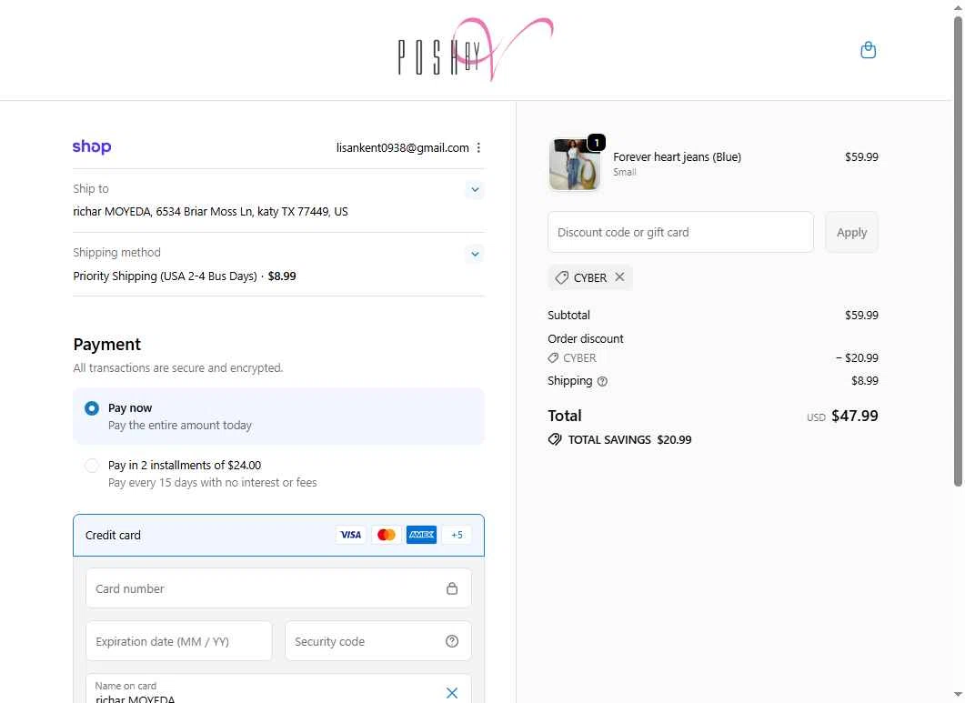 Posh by V checkout page showing Posh by V discount code box | Screenshot taken by SimplyCodes community member on Dec 1, 2025