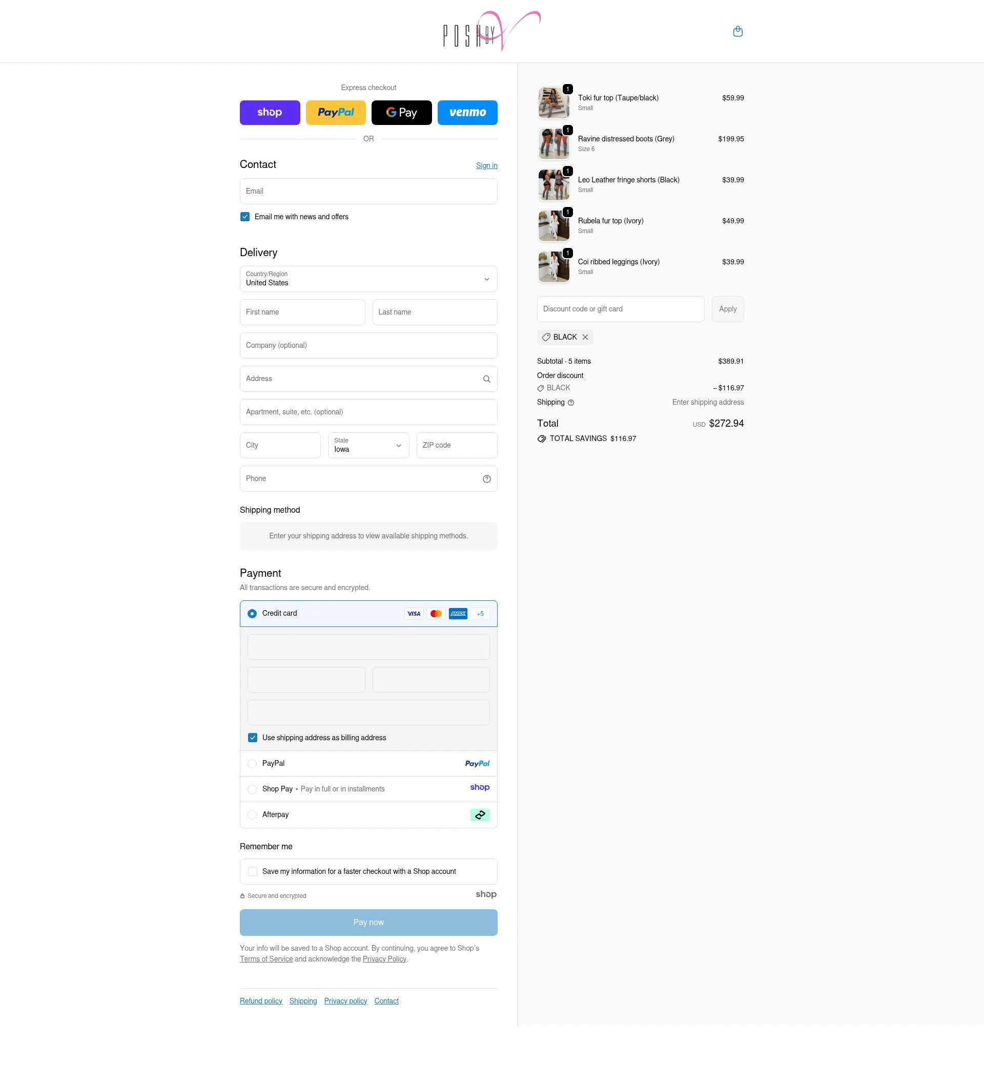 Posh by V checkout page showing Posh by V discount code box | Screenshot taken by SimplyCodes community member on Nov 28, 2025