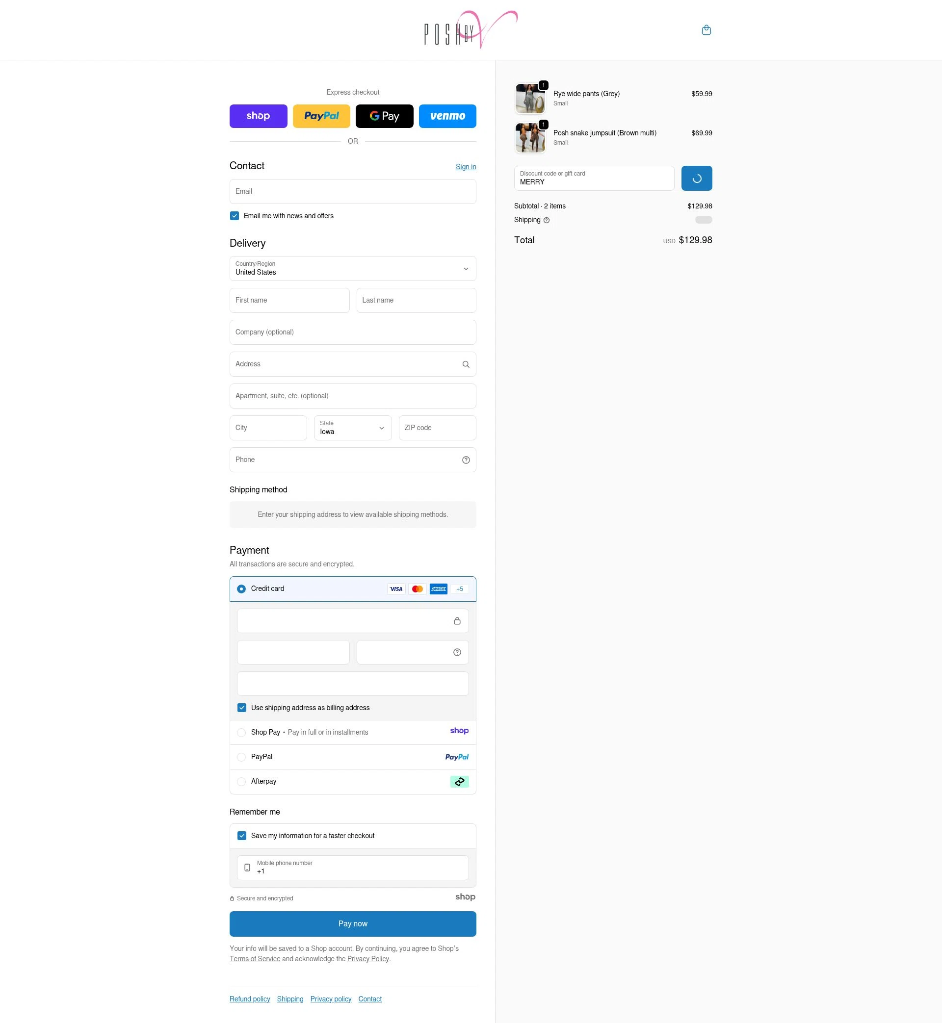 Posh by V checkout page showing Posh by V discount code box | Screenshot taken by SimplyCodes community member on Dec 27, 2025
