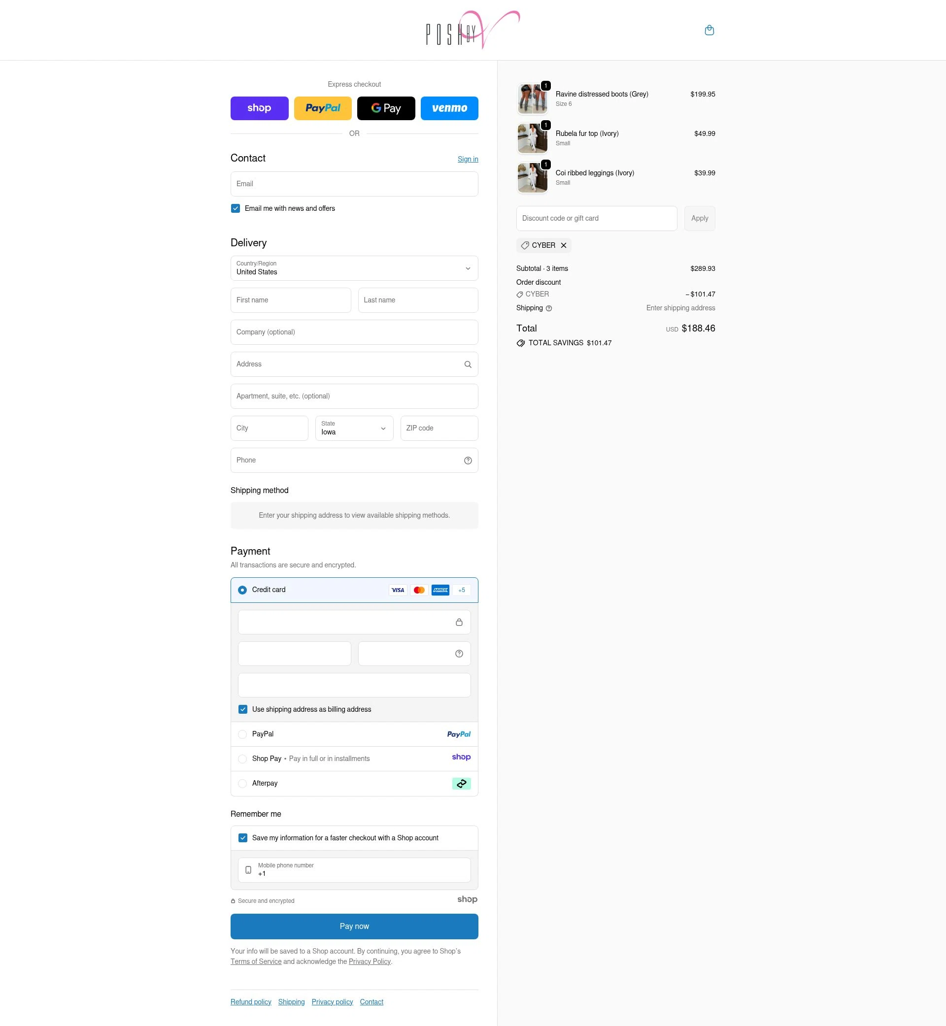 Posh by V checkout page showing Posh by V discount code box | Screenshot taken by SimplyCodes community member on Dec 4, 2025