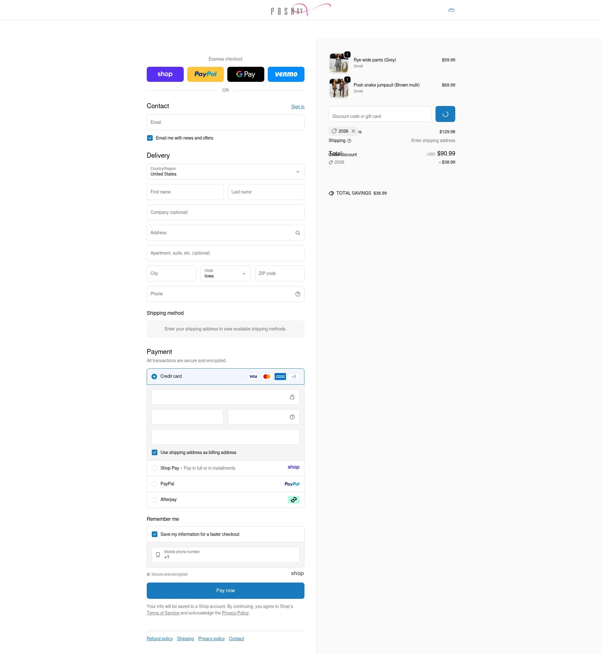 Posh by V checkout page showing Posh by V discount code box | Screenshot taken by SimplyCodes community member on Jan 6, 2026