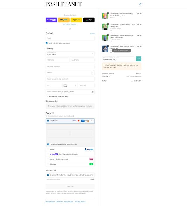 Posh Peanut checkout page showing Posh Peanut discount code box | Screenshot taken by SimplyCodes community member on Aug 12, 2025