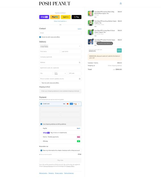Posh Peanut checkout page showing Posh Peanut discount code box | Screenshot taken by SimplyCodes community member on Aug 12, 2025