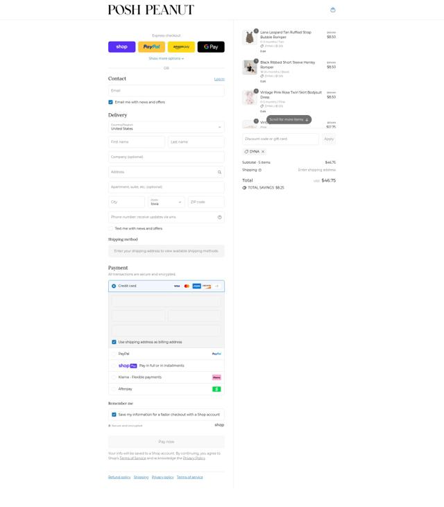Posh Peanut checkout page showing Posh Peanut discount code box | Screenshot taken by SimplyCodes community member on Aug 14, 2025