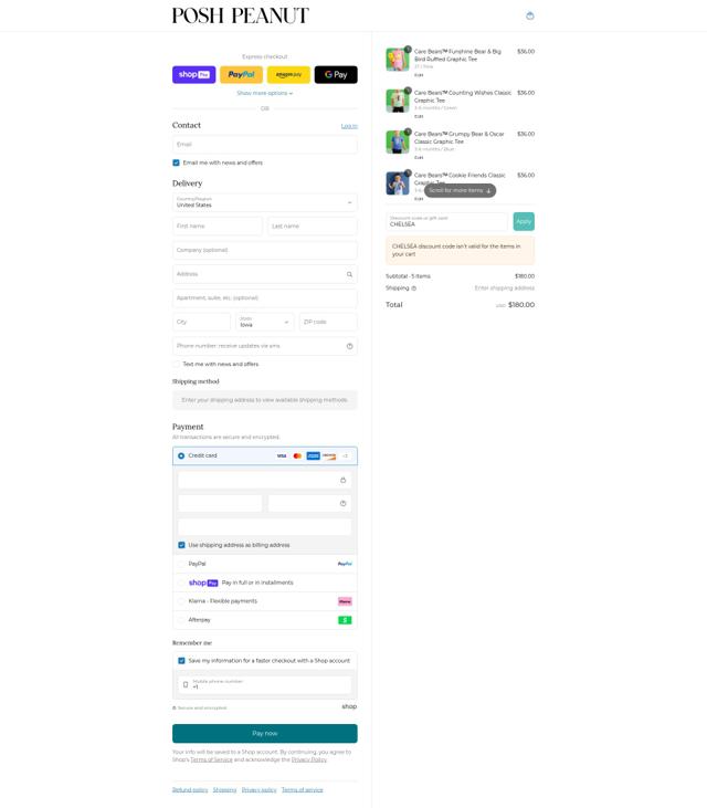 Posh Peanut checkout page showing Posh Peanut discount code box | Screenshot taken by SimplyCodes community member on Aug 12, 2025