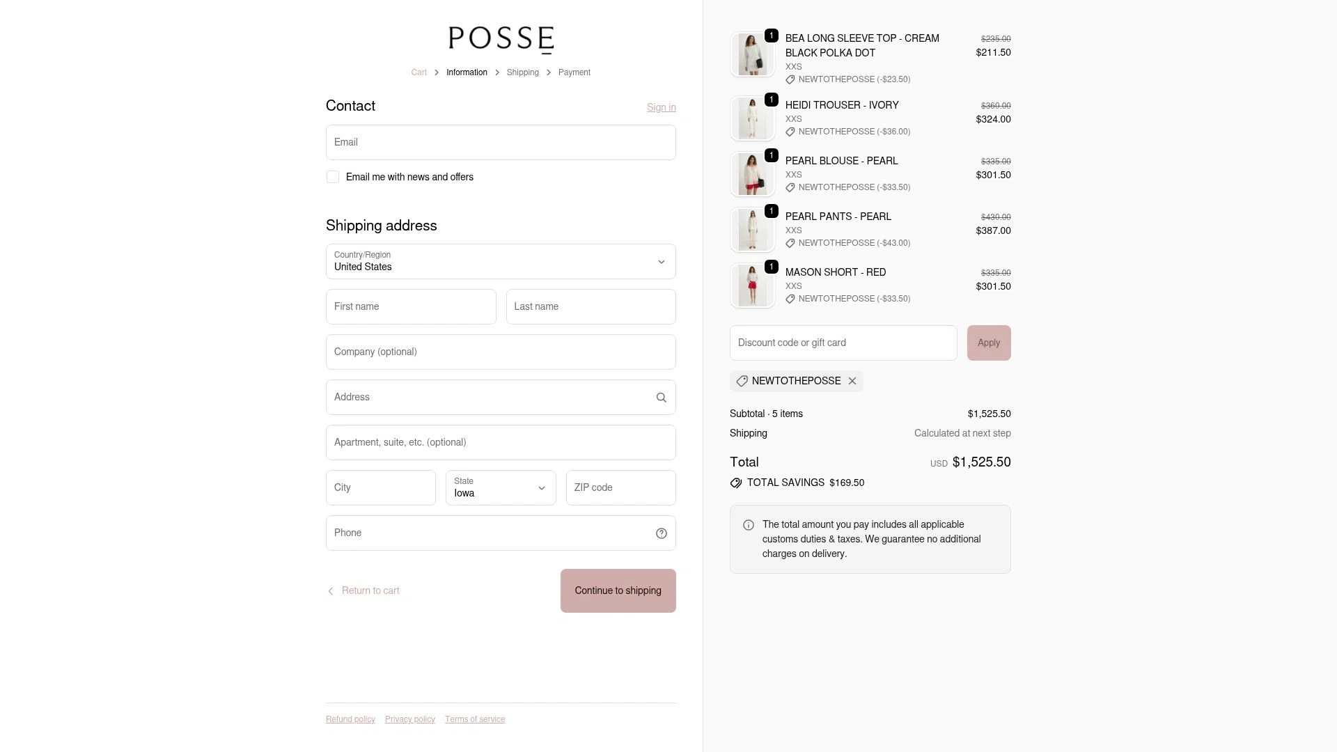 Posse US checkout page showing Posse US promo code box | Screenshot taken by SimplyCodes community member on Oct 9, 2025