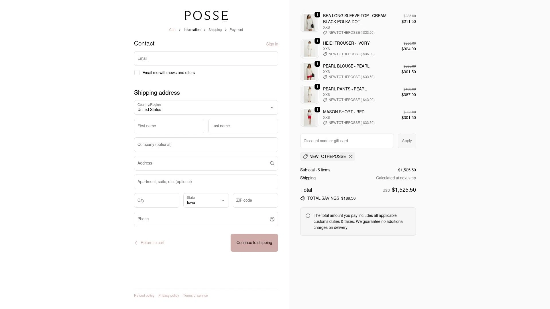 Posse US checkout page showing Posse US promo code box | Screenshot taken by SimplyCodes community member on Oct 12, 2025