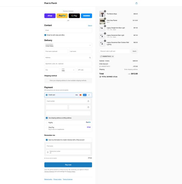Post and Porch checkout page showing Post and Porch discount code box | Screenshot taken by SimplyCodes community member on Sep 15, 2025