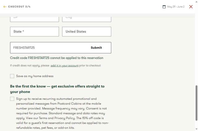 Postcard Cabins checkout page showing Postcard Cabins promo code box | Screenshot taken by SimplyCodes community member on May 22, 2025
